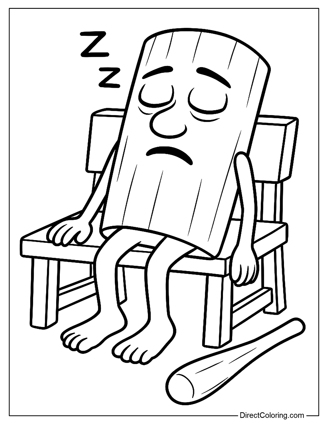 a coloring page of Sahur falling asleep on the guard chair, the mallet falls next to him.